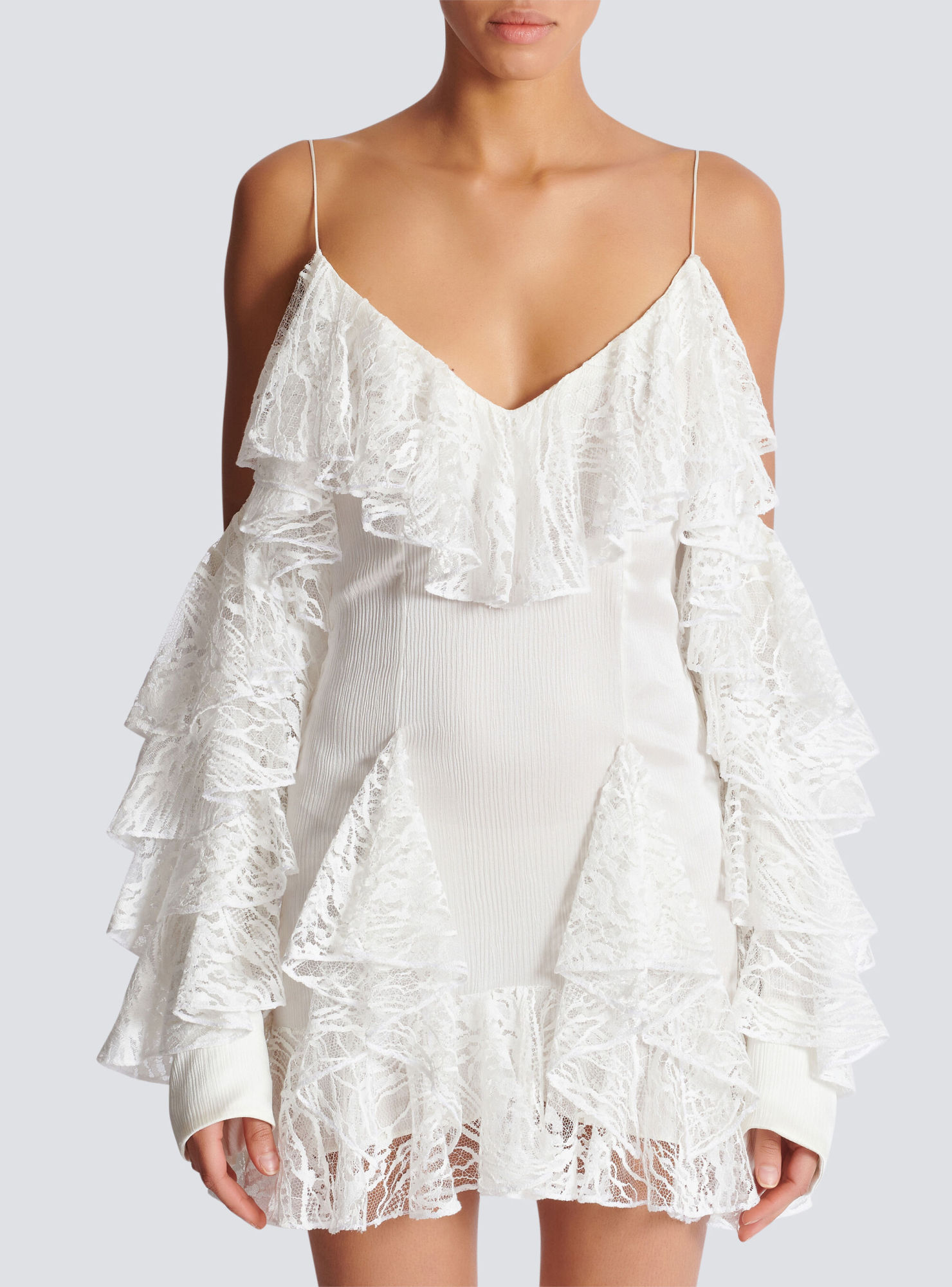 Balmain Flowing Dress With Lace Ruffles In White