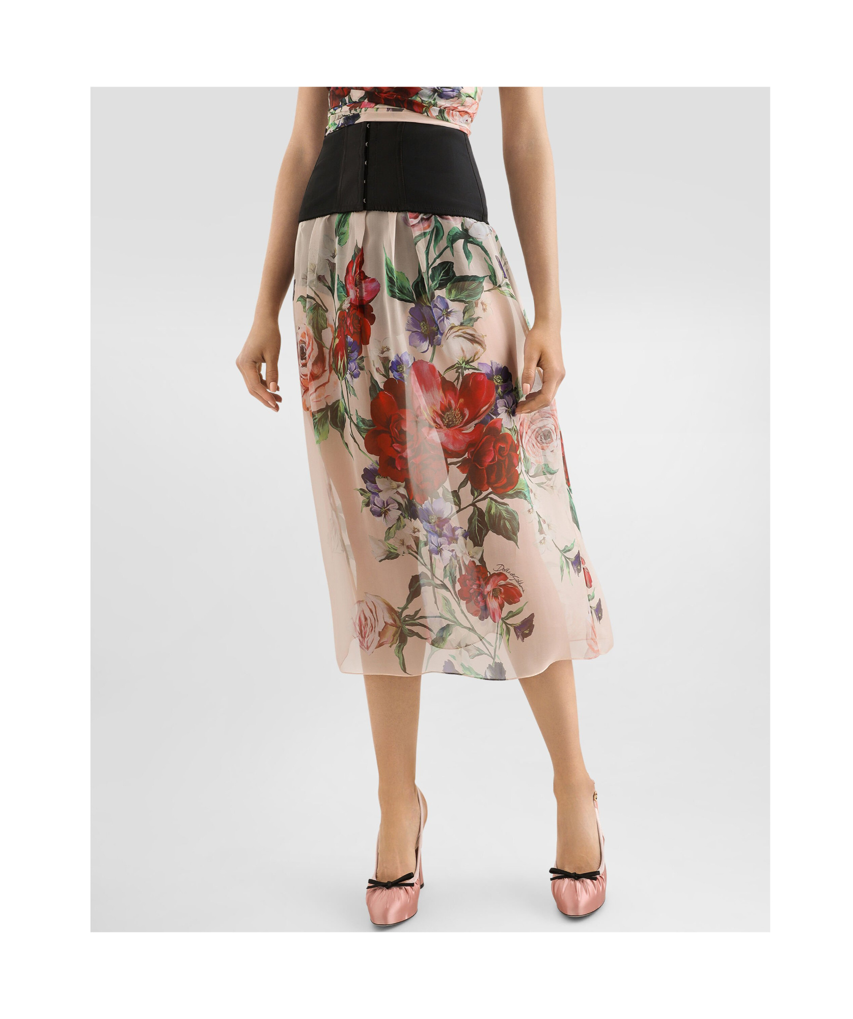 Dolce & Gabbana Pleated Floral Midi Skirt With Elasticated Waist In Nude