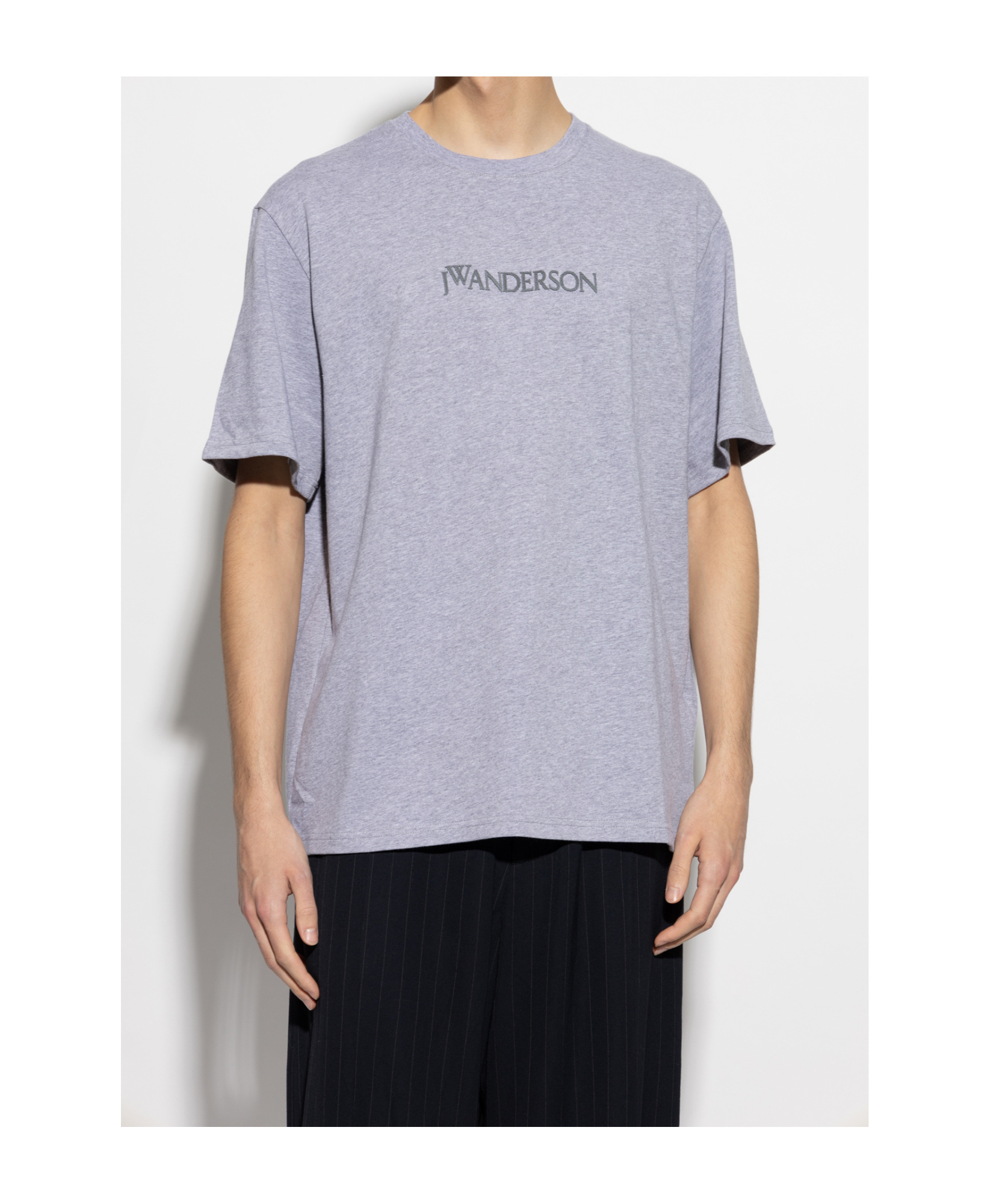 Jw Anderson Grey Crewneck T-shirt With Logo Embroidery On The Front In Gray