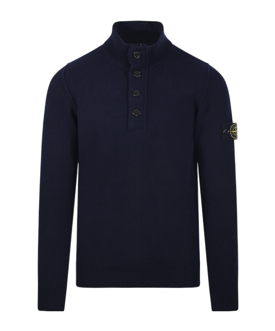 Stone Island Buttoned High Neck Sweater In Blue