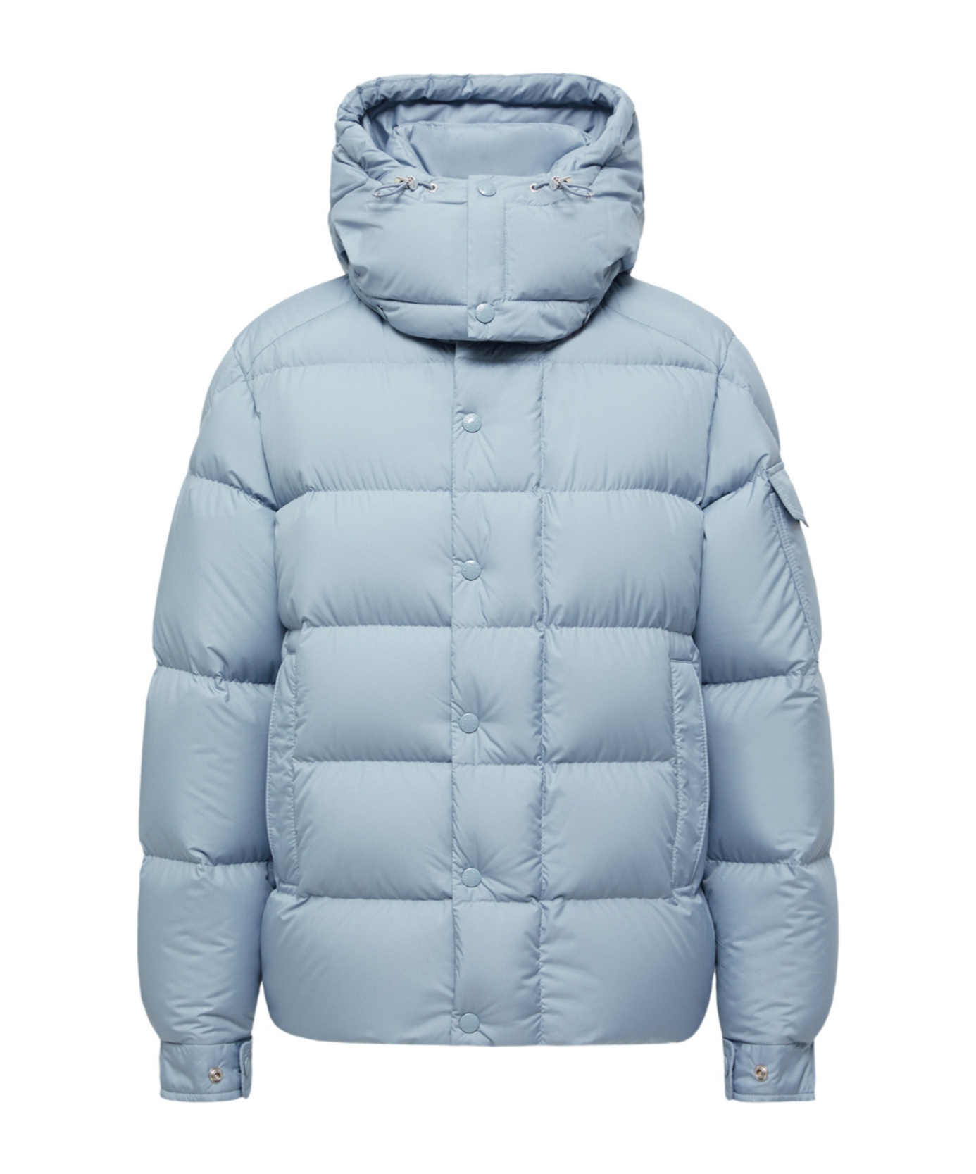Moncler Long Little Down Jacket With Square Quilting And Hood In Blue