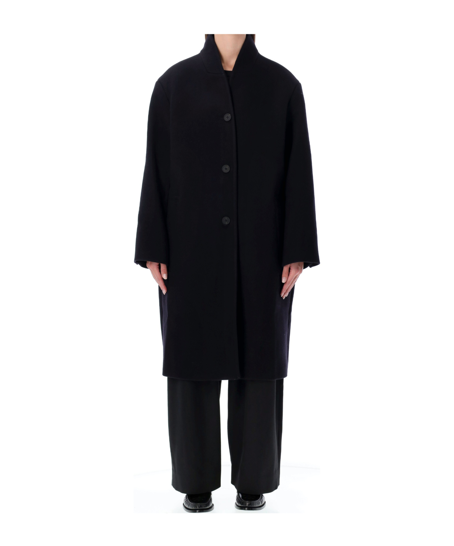 Studio Nicholson Long Coat With Structured Shoulders And Pockets In Black