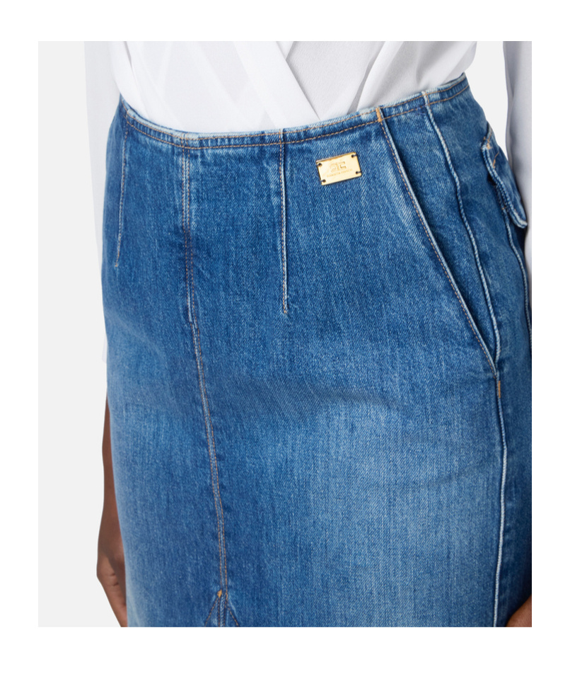 Elisabetta Franchi Denim Midi Skirt Front Split Detail In Blue
