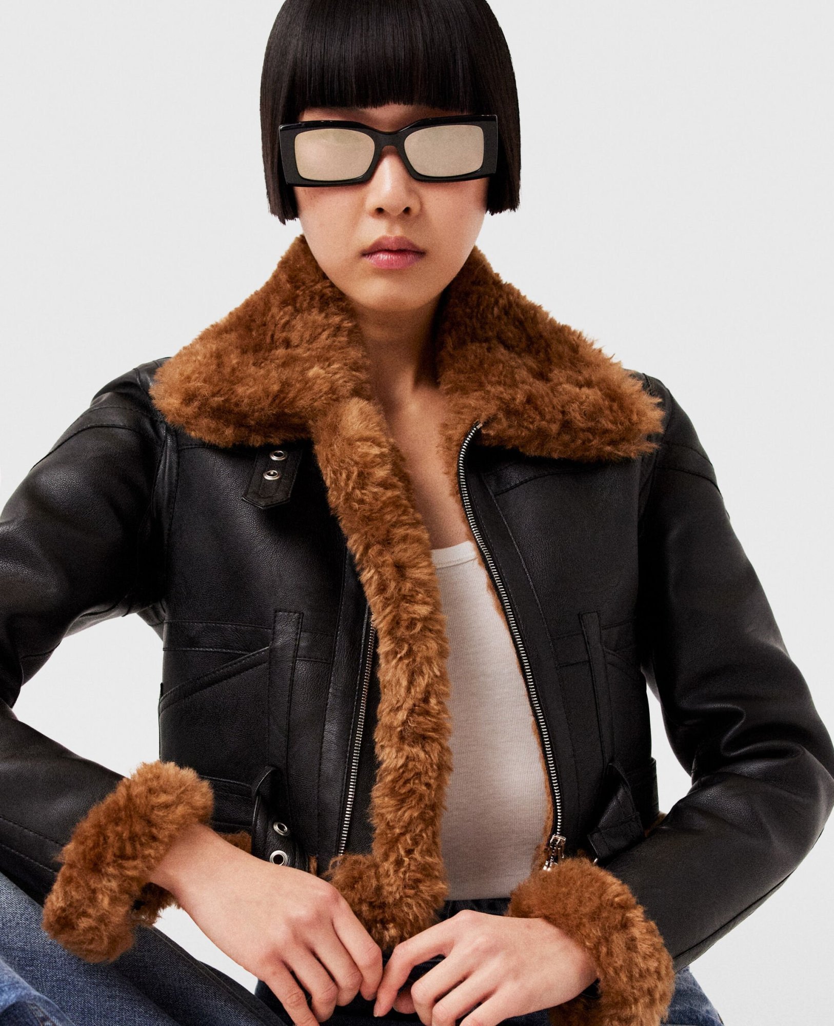 Shop Stella Mccartney Faux Fur-trim Zip-up Aviator Jacket In Black