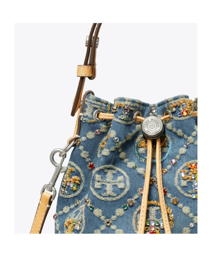 Tory Burch T Monogram Mini Denim Bucket Bag In Gray