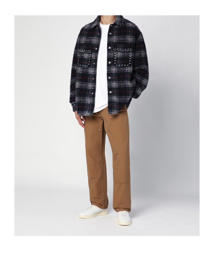 Palm Angels Plaid Check Studded Wool Overshirt In Black