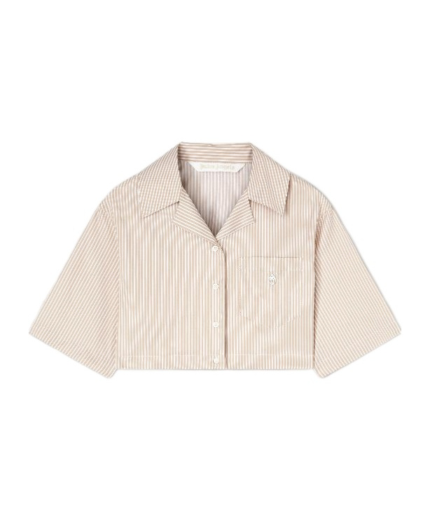 Palm Angels Crop Shirt With Beige And White Stripes With Logo