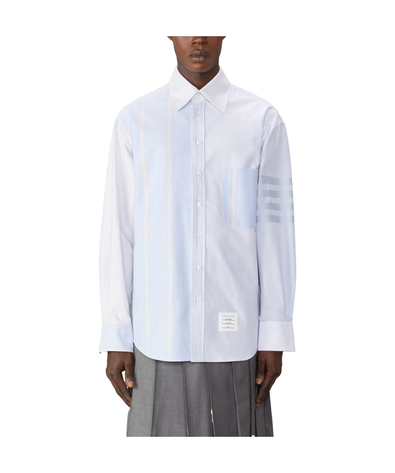 THOM BROWNE STRIPED PATCHWORK COTTON SHIRT