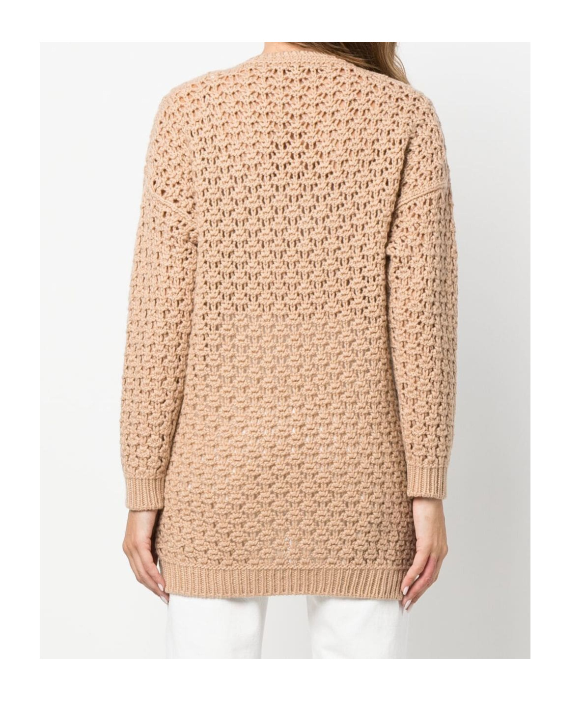 Agnona Beige Open-knit Sweater With V-neckline In Nude