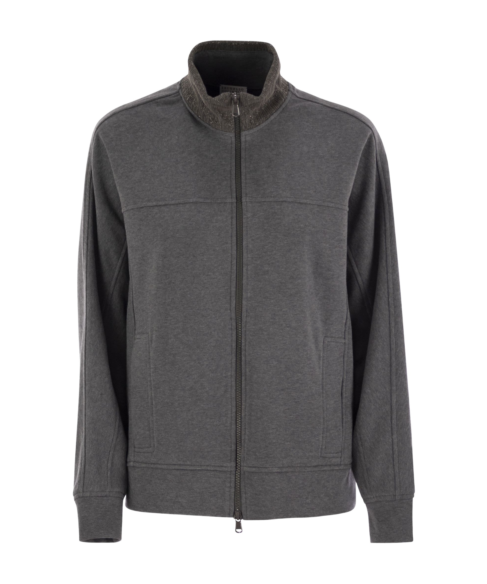 Brunello Cucinelli Women's Smooth Cotton Fleece Topwear With Ribbed Collar Precious In Black