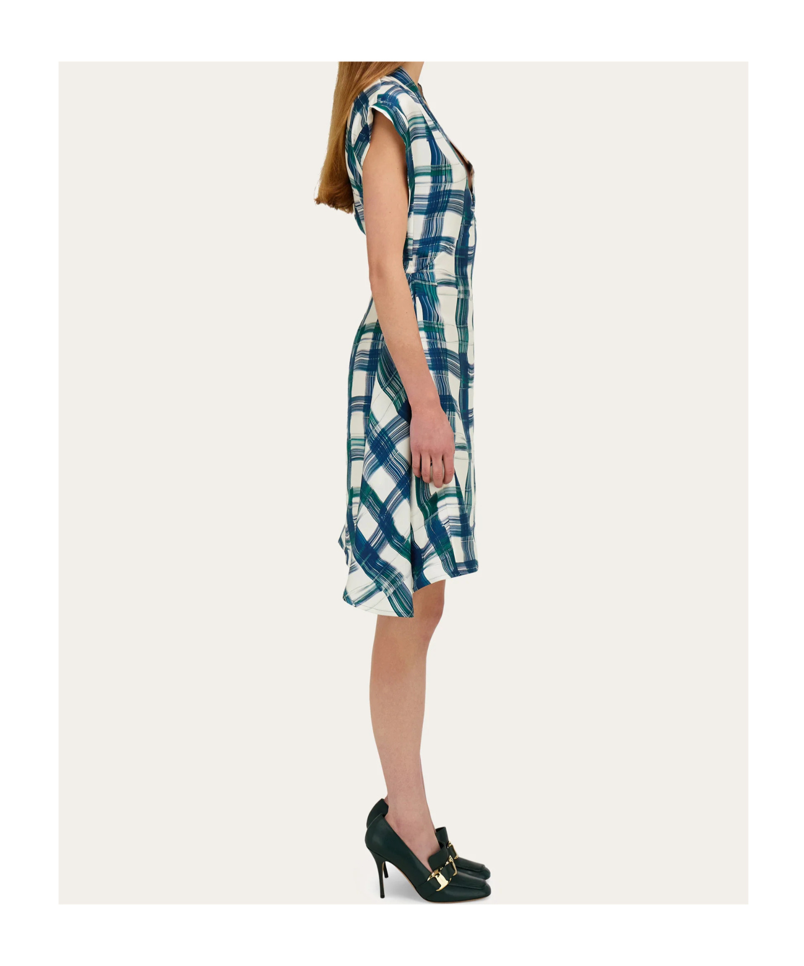 Ferragamo Brushstroke Check Short Silk Dress In Blue
