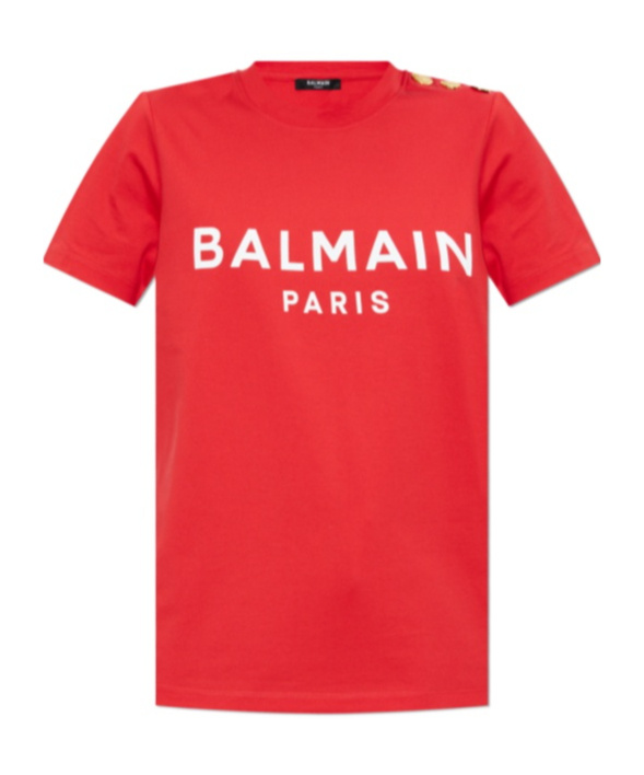 Balmain Logo Printed Buttoned Jersey T-shirt In Red