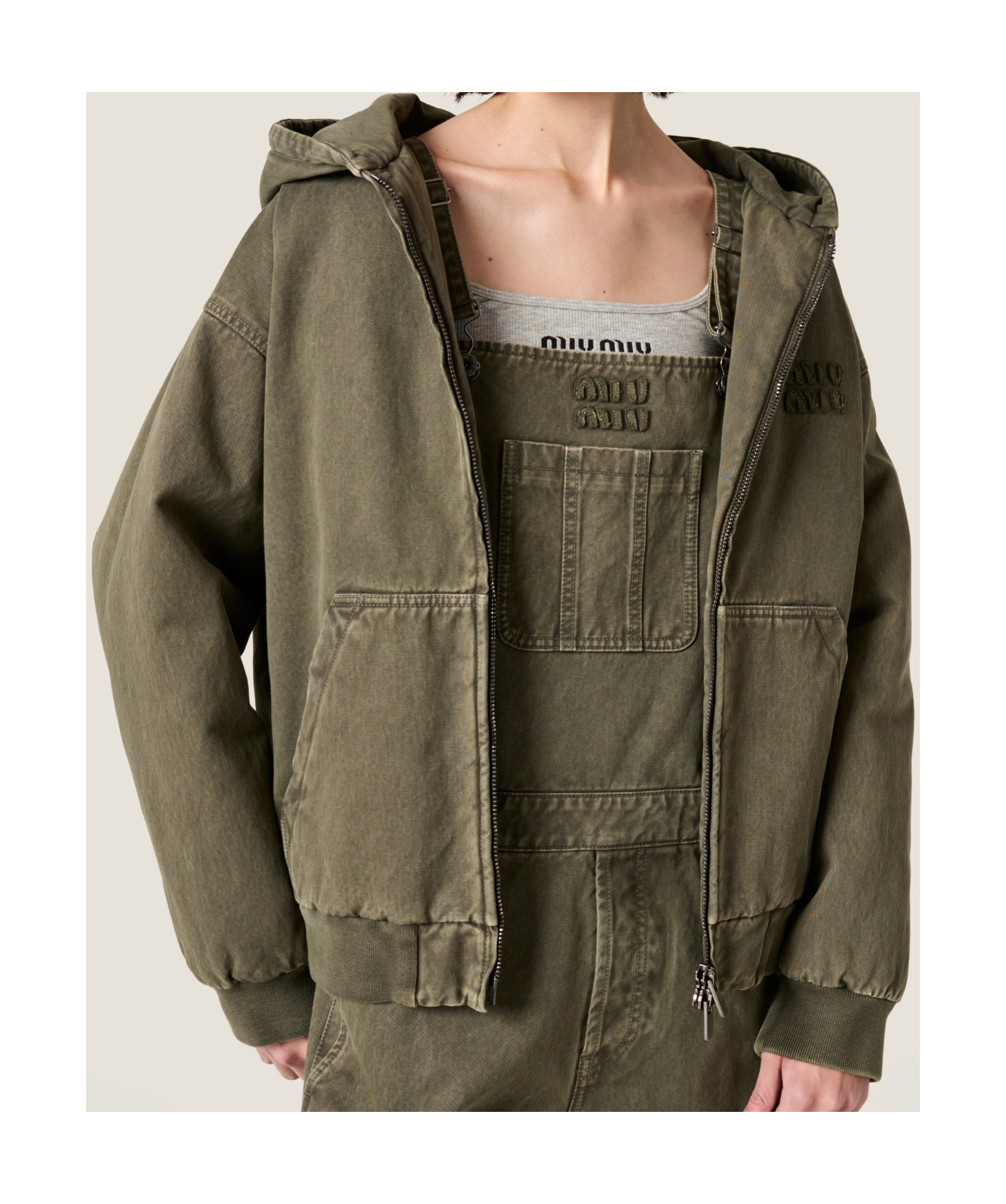 Miu Miu Garment-dyed Blouson Jacket With Embroidered Logo In Green