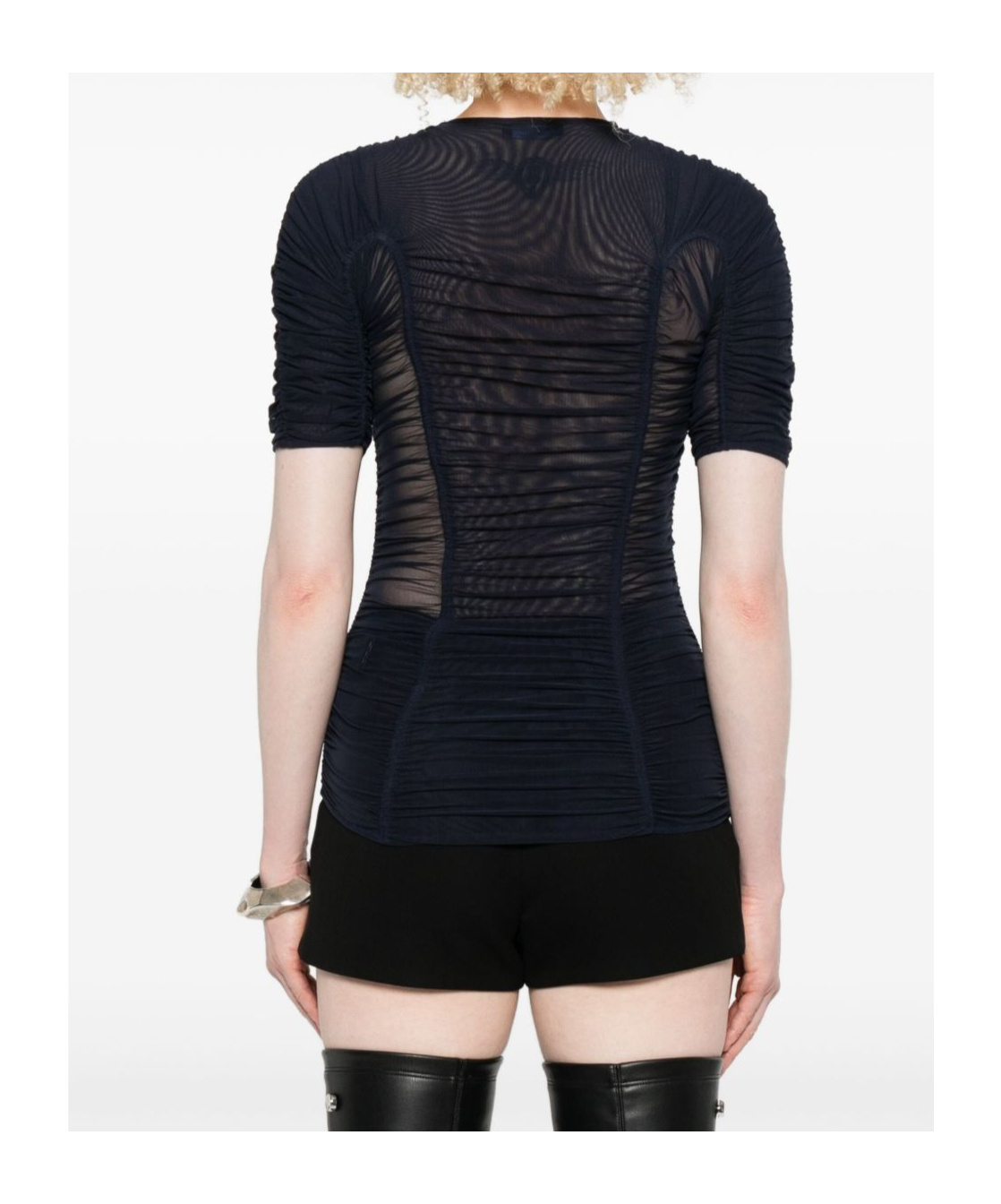 Mugler Crew Neck Mesh Top With Ruched Detailing In Blue