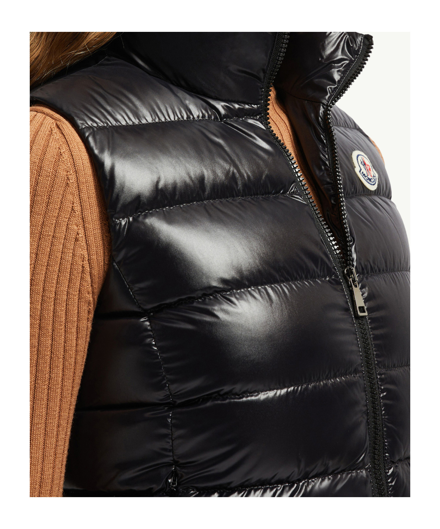 Moncler Womens Full Zipper Sleeveless Puffer Vest Jacket Shiny Black In Black