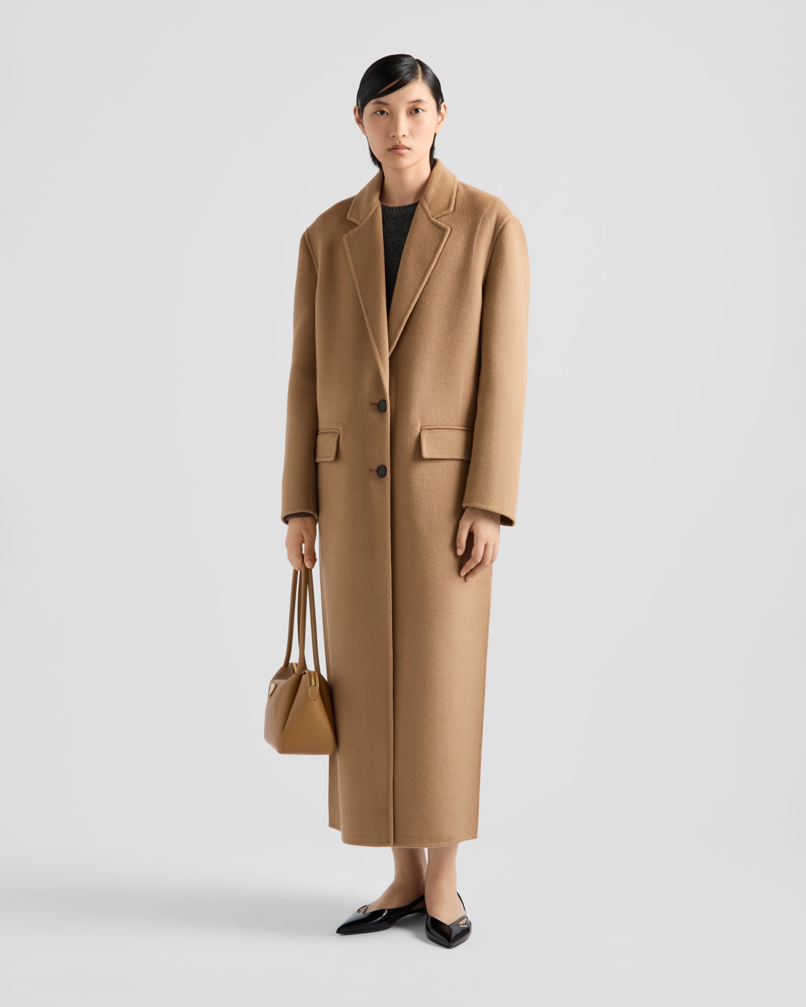 Prada Single-breasted Cashgora Coat In Camel Brown