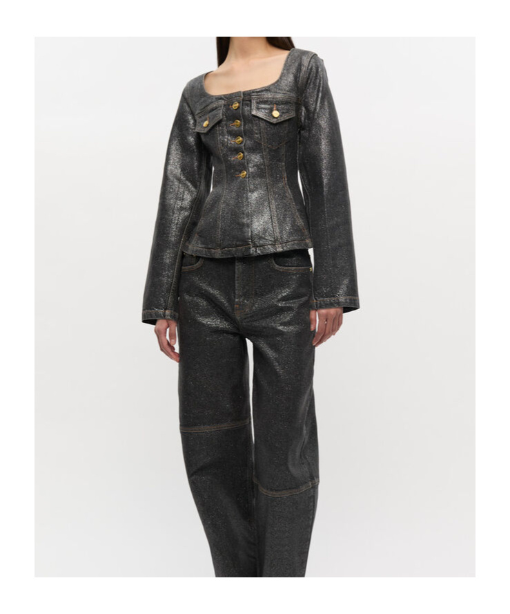 Ganni Peplum Waist Denim Cotton Blazer Jacket In Black