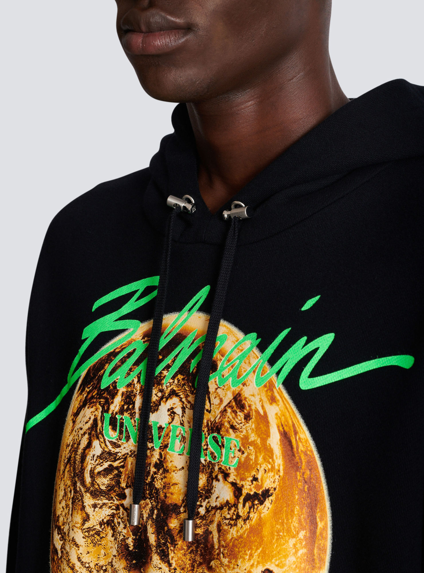 Balmain Universe Logo Print Hooded Sweatshirt In Black