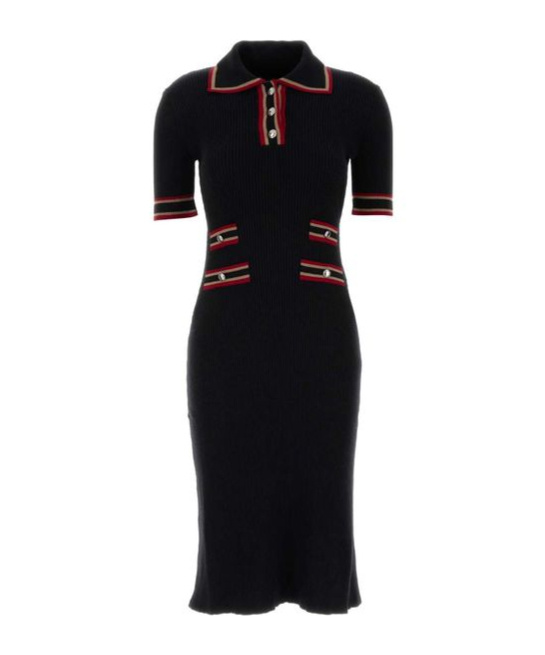 Alessandra Rich Ribbed-knit Virgin Wool Polo Dress In Black