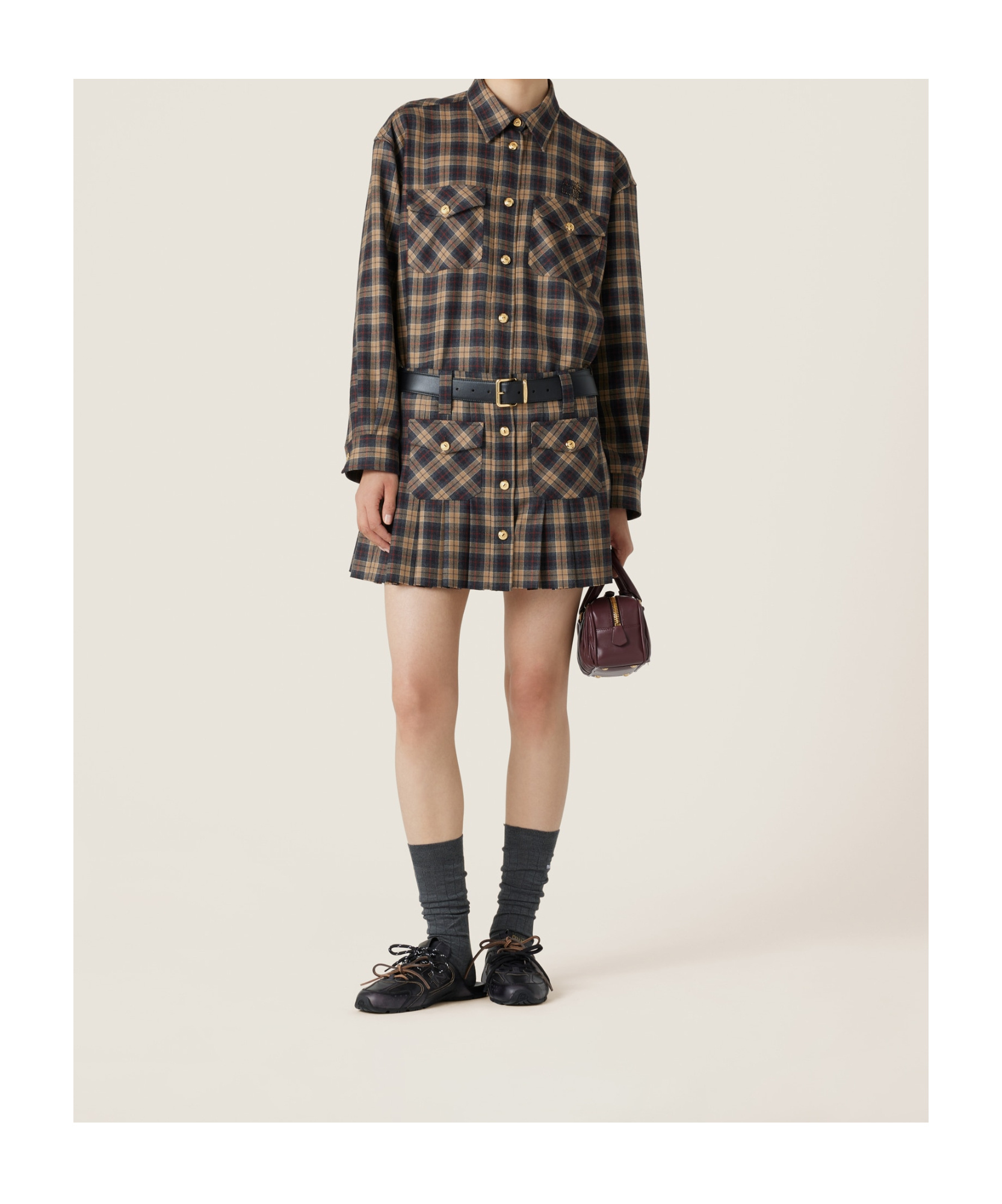 Miu Miu Checked Wool Long-sleeved Shirt In Brown