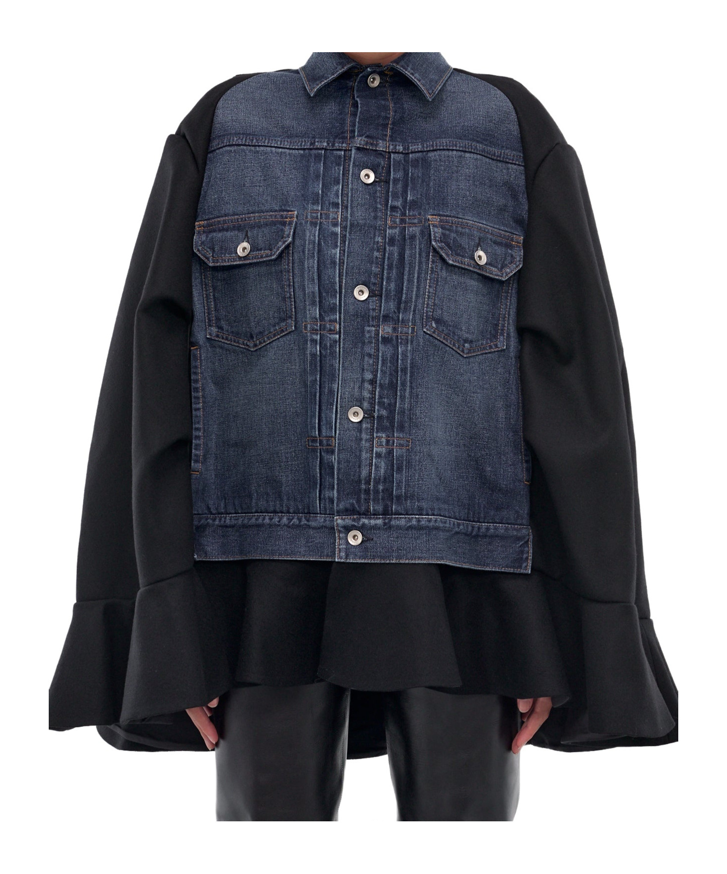 Sacai Denim-panel Cape In Black