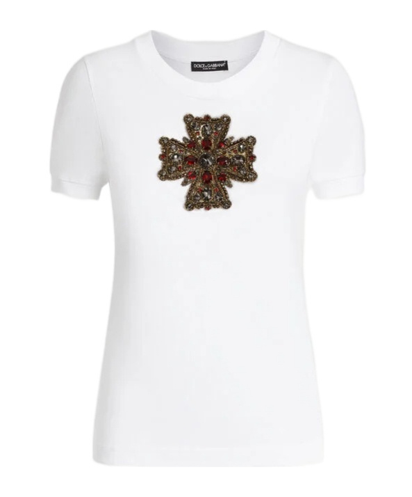 Dolce & Gabbana Embellished Round Neck Short Sleeves Top In White