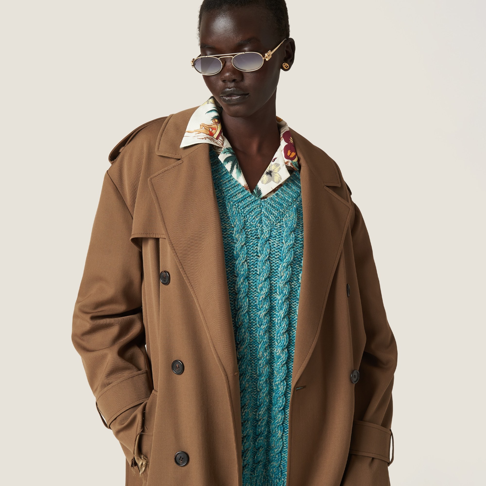 Miu Miu Double-breasted Gabardine Coat In Brown