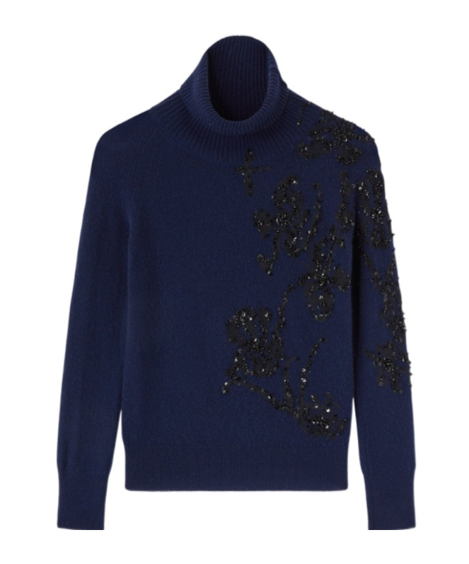 Ermanno Scervino Pure Cashmere Sweater With High Neck And Hand-embroidered Iris In Blue
