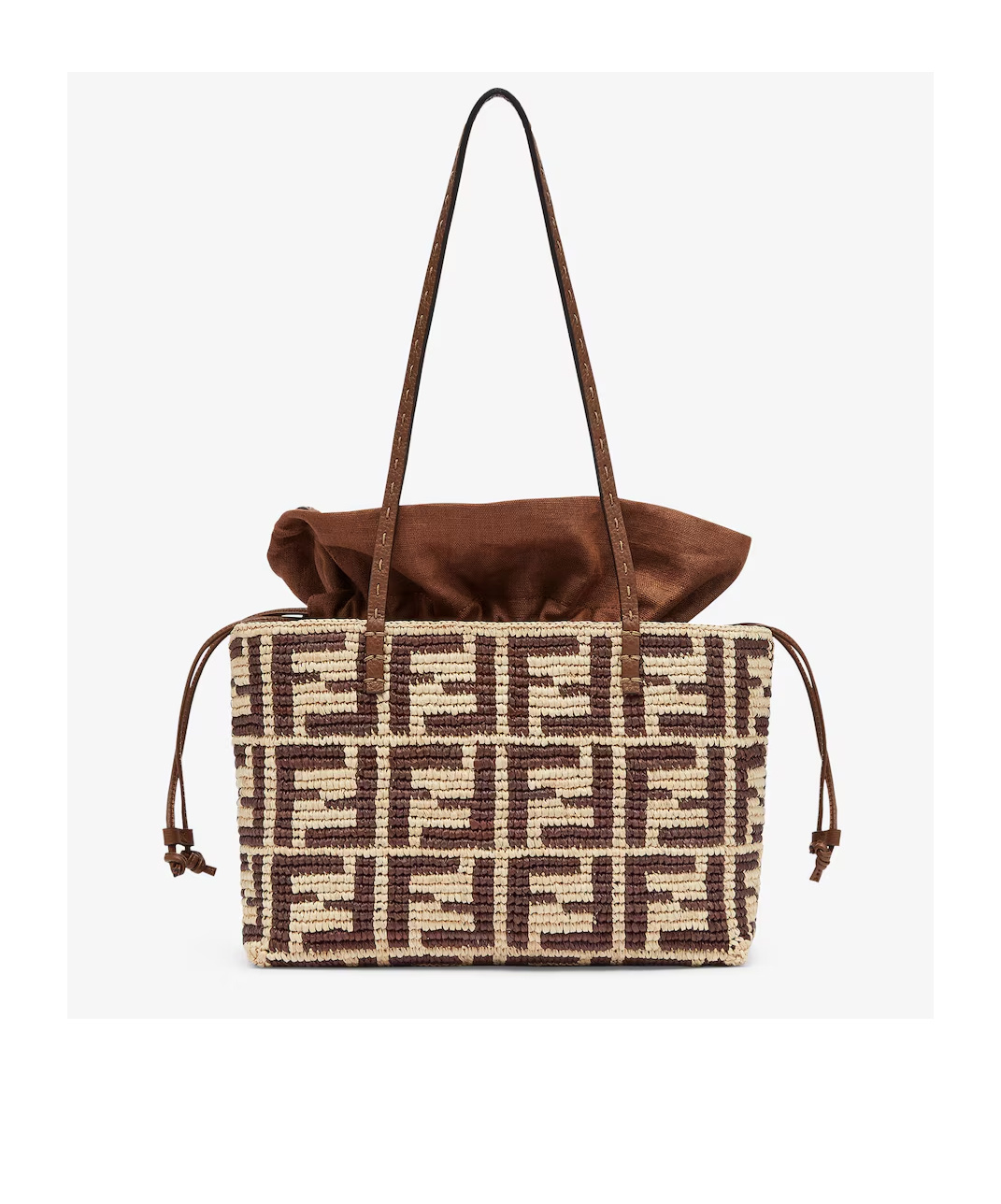 Fendi Brown Ff Raffia Crochet Shopper With Pouch In Brown