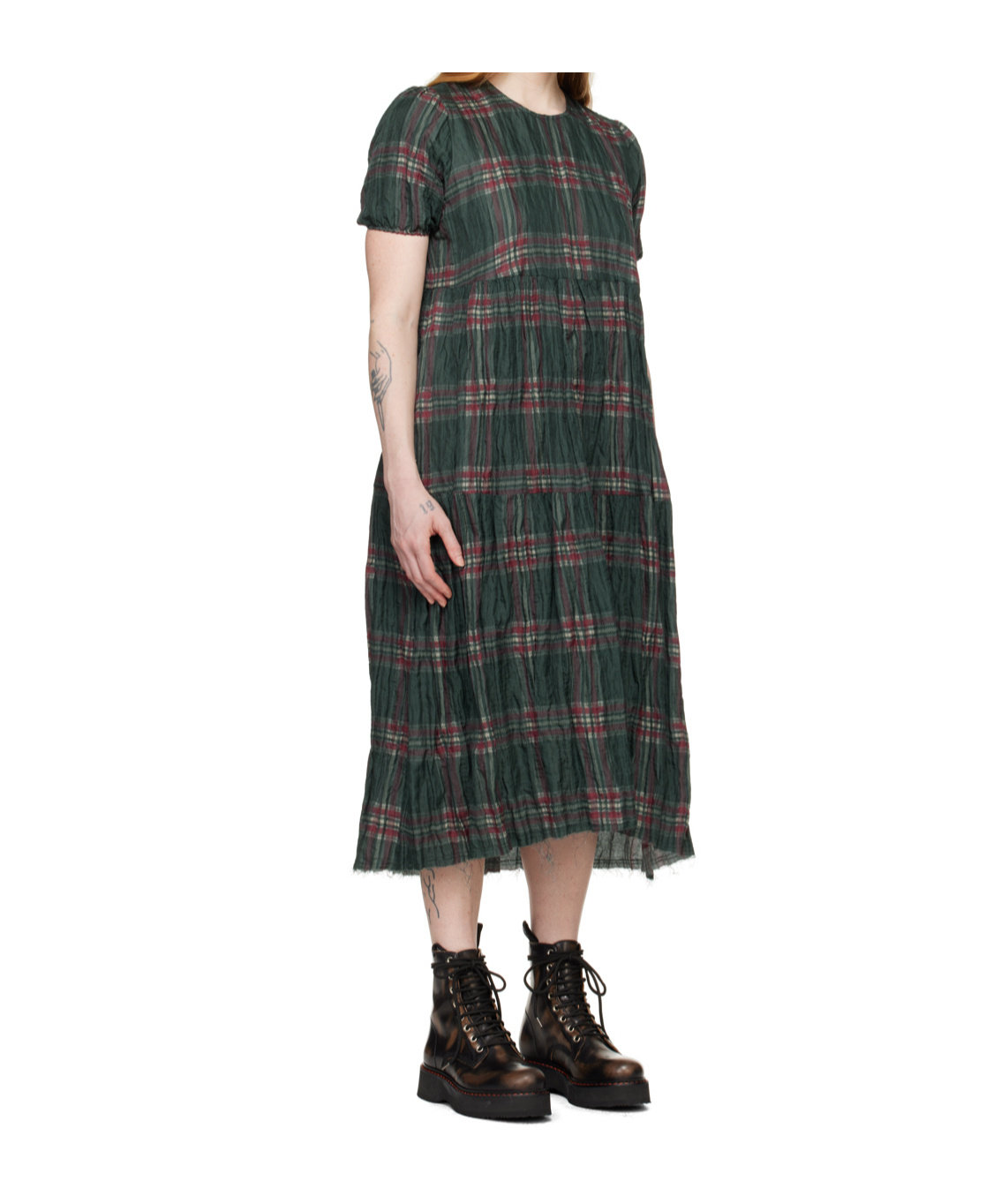 R13 Green Check Midi Dress In Gray