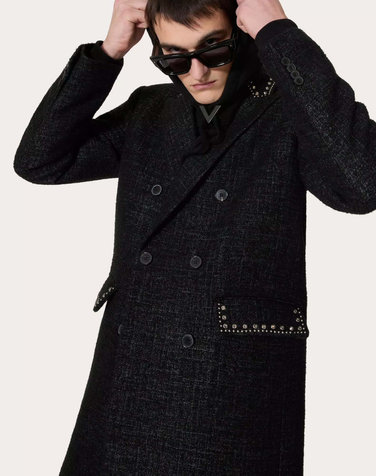 Valentino Convex Round Double-breasted Wool Coat In Anthracite Color