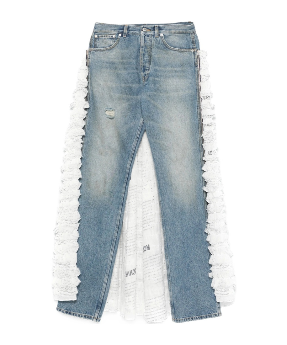 Moschino Ruffled Overlay Distressed Jeans In Gray