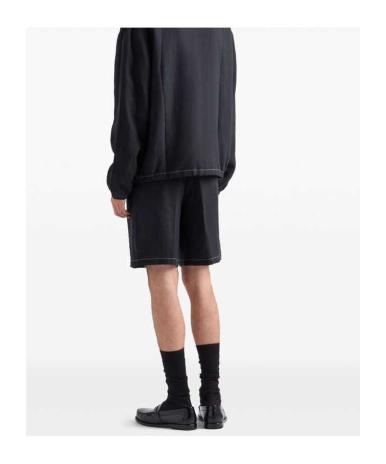 Prada Mens Black Triangle-logo Tailored Linen Bermuda Shorts In Black
