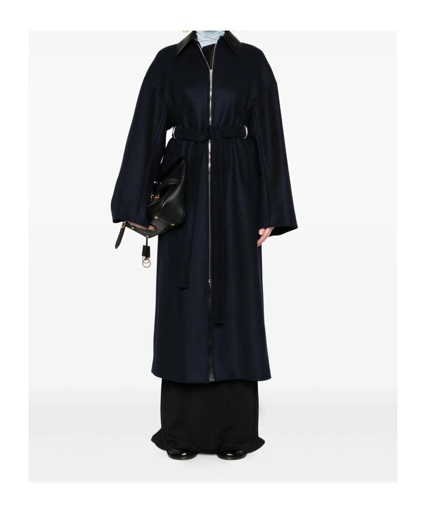 Sportmax Belted Long Coat Featuring Leather Collar In Blue