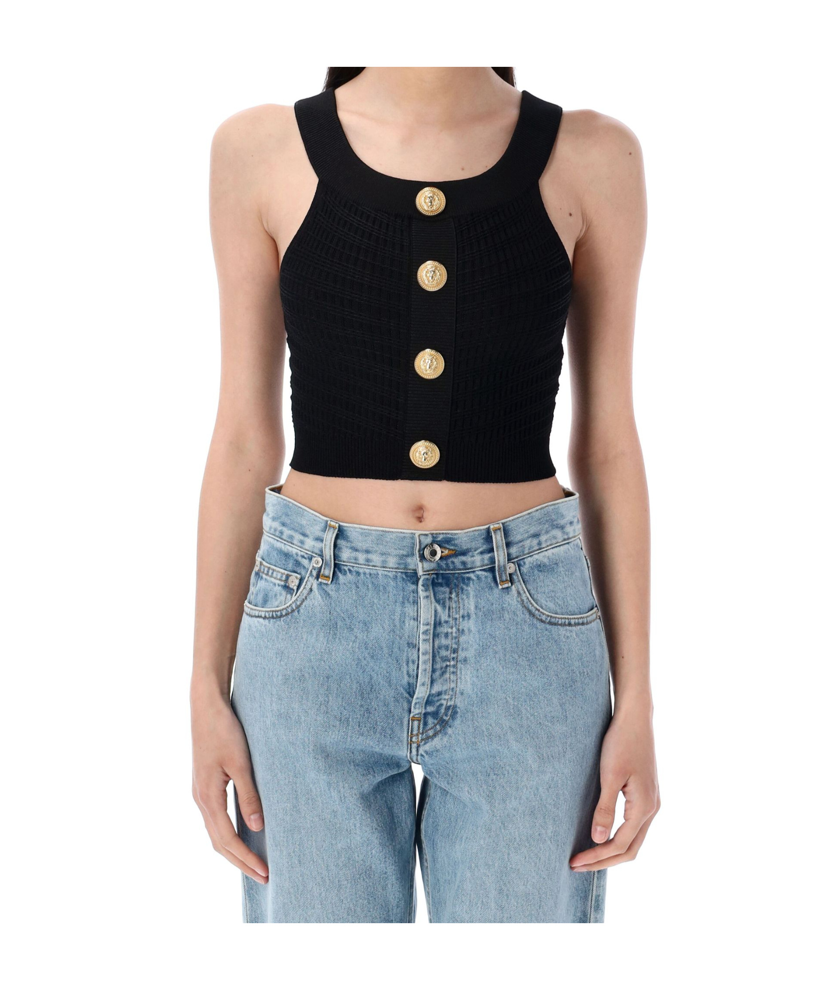Balmain Button Embellished Cropped Top In Blue