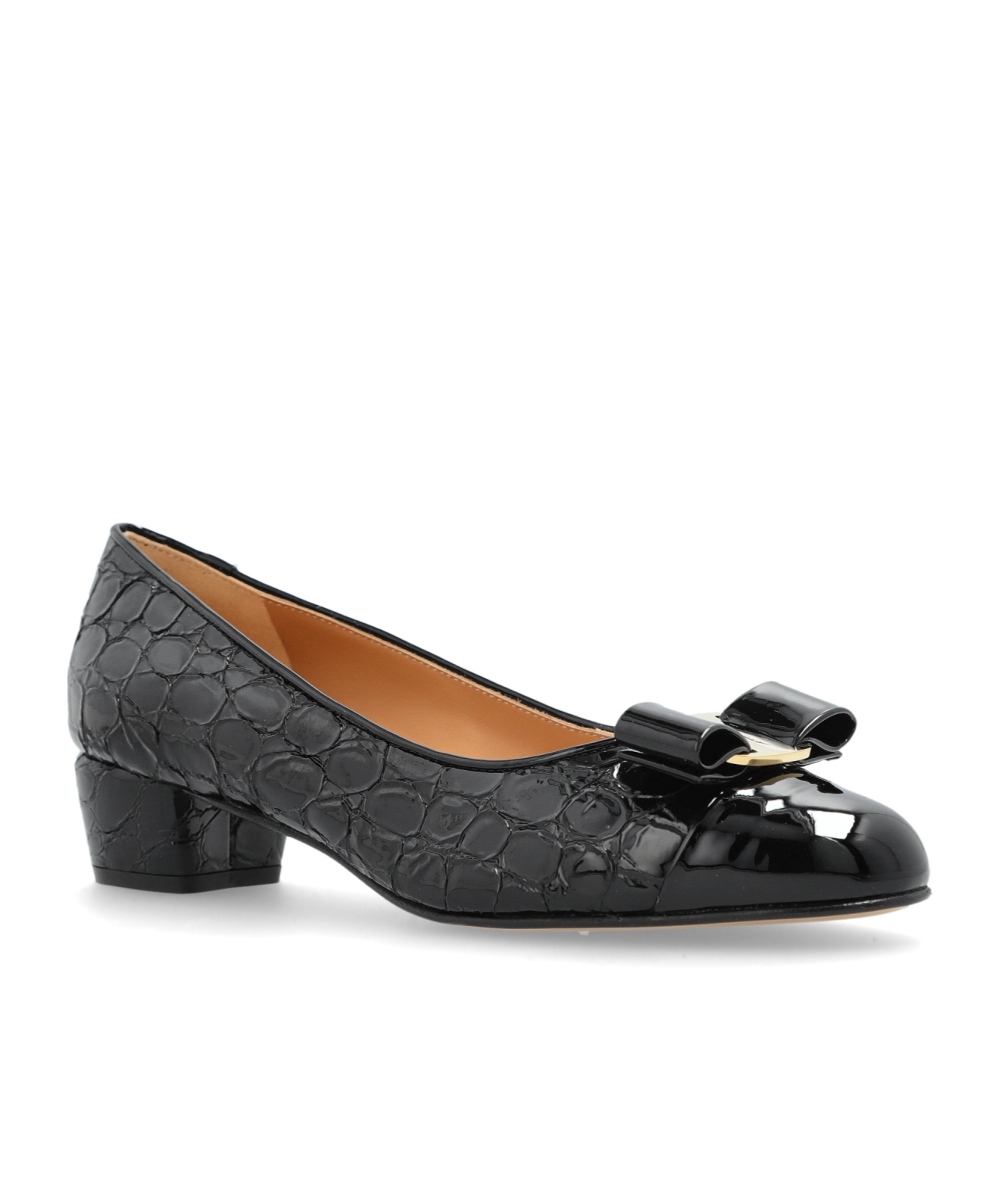 Ferragamo Vara Q Bow-embellished Quilted Patent-leather Pumps In Black