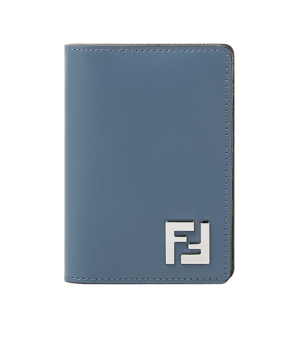 Fendi Brown Leather And Black Ff Canvas Card Holder In Blue