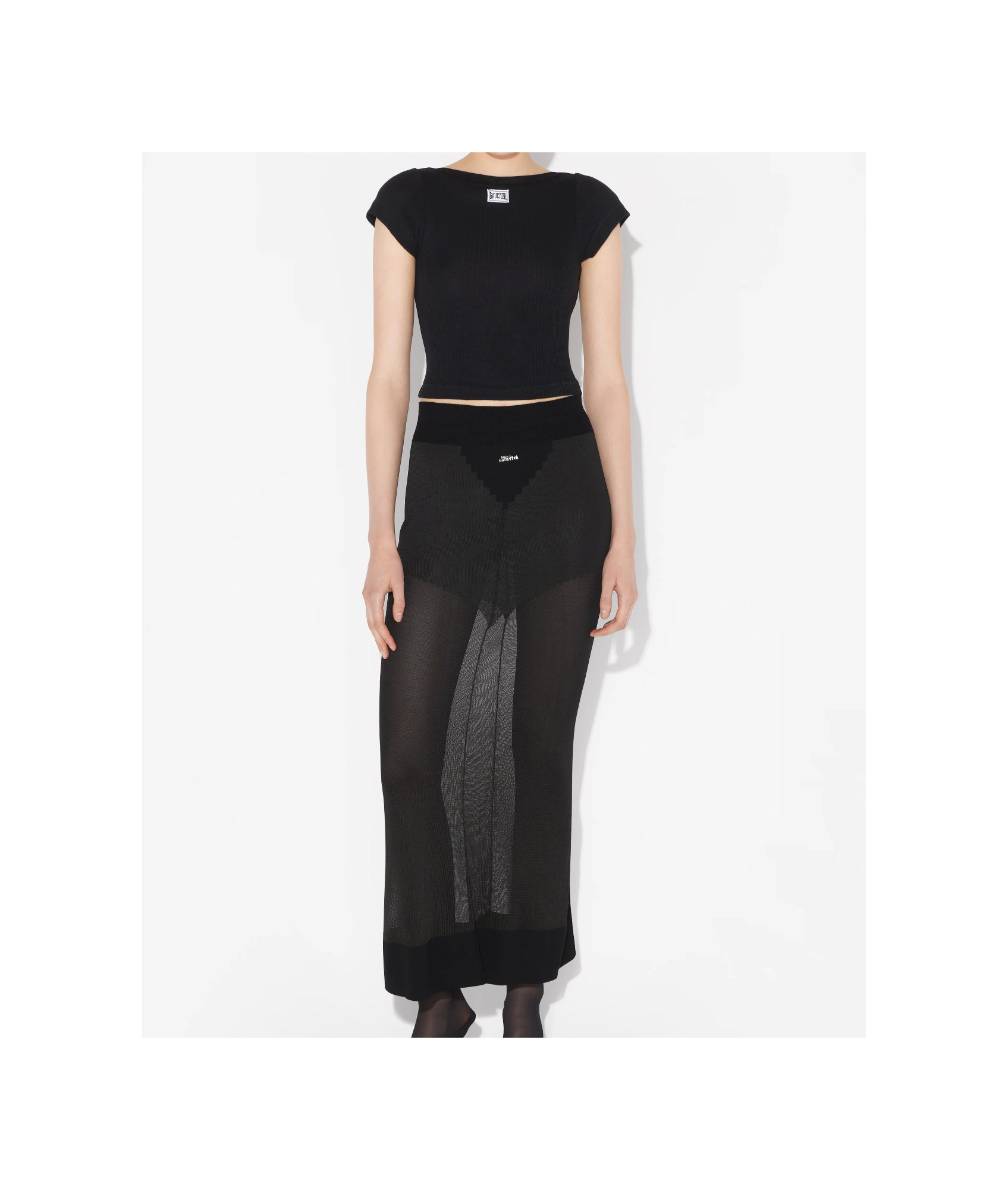 Jean Paul Gaultier Black Cropped Cotton Ribbed T-shirt With Logo In Black
