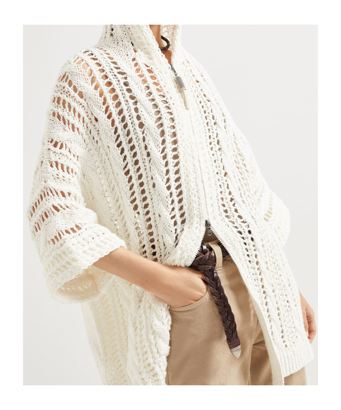 Brunello Cucinelli White Panama Crochet Cardigan In White