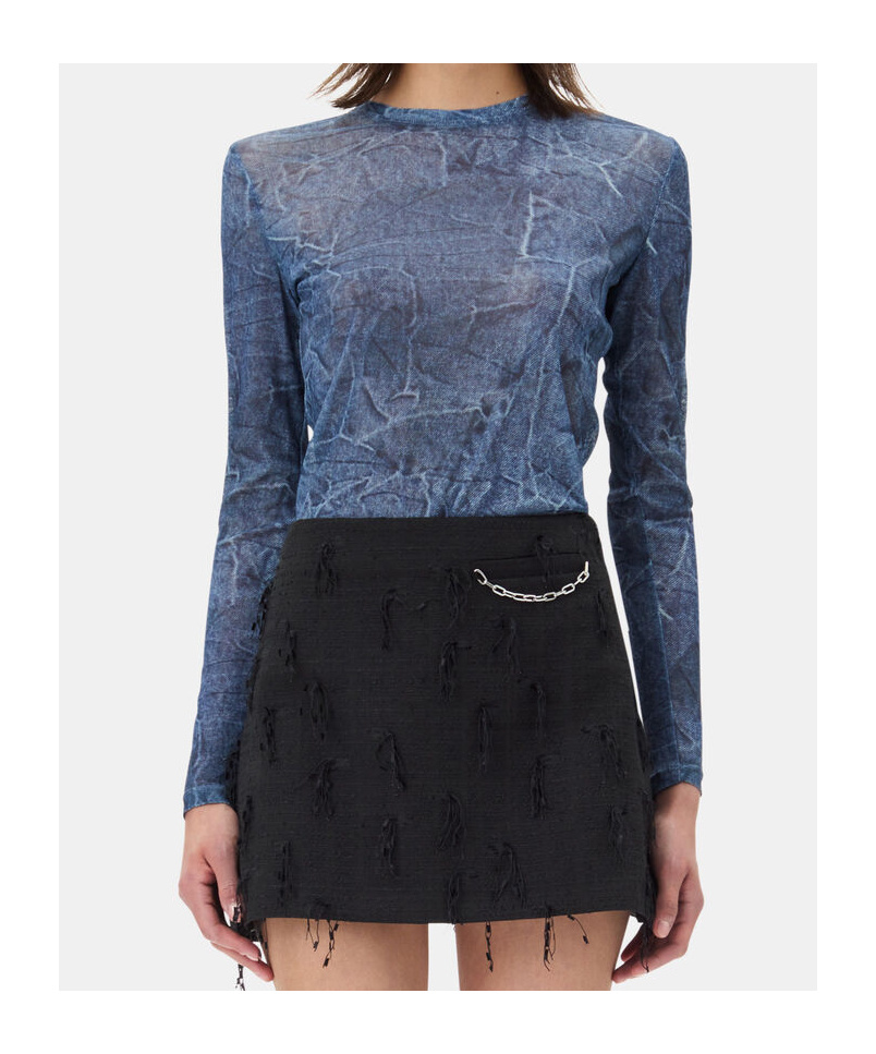Ganni Marl Mesh Long Sleeve Crew Neck Blouse In Denim In Blue