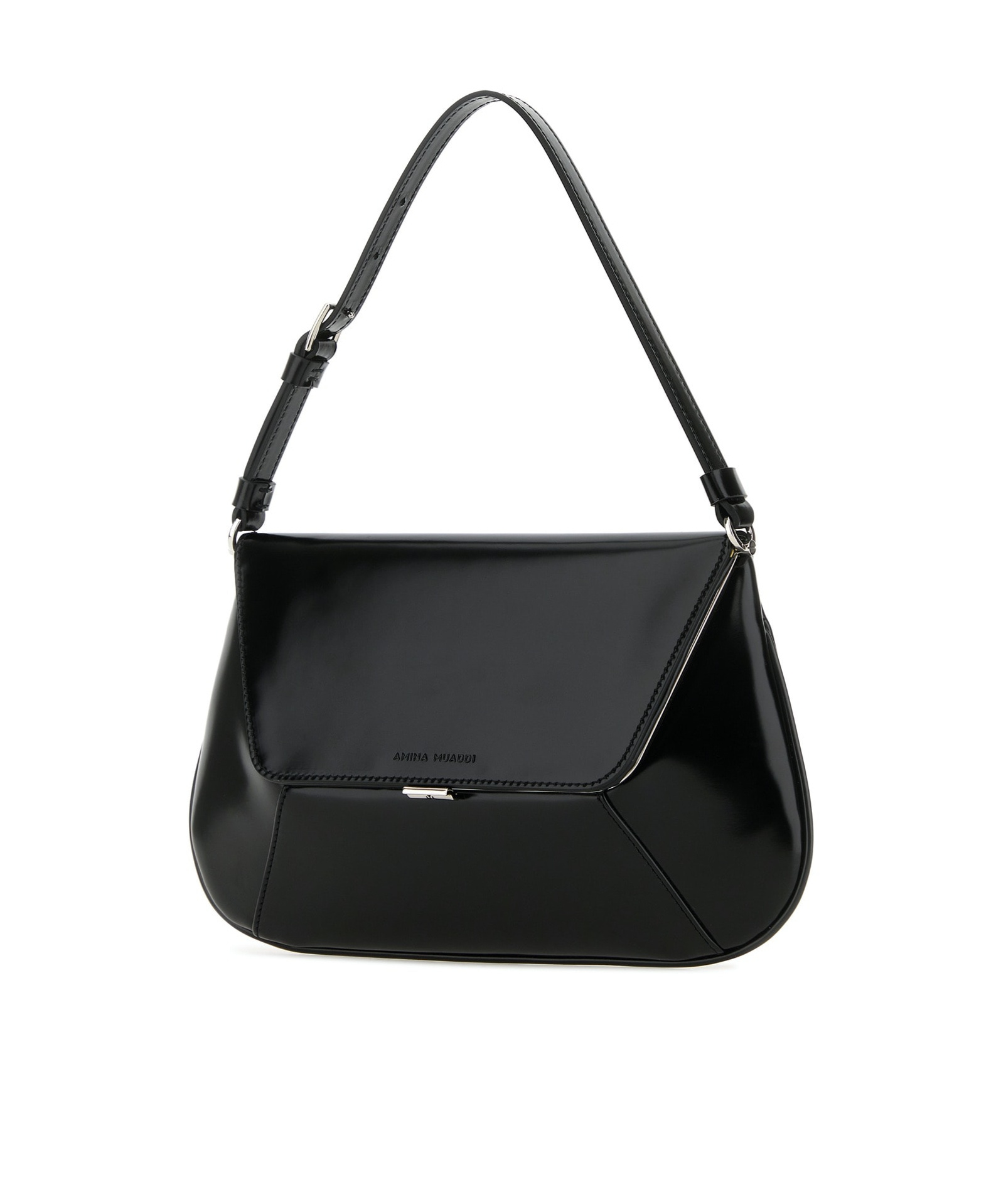 Amina Muaddi Leather Handbag With Curved Base And Reptile Motif Embossing In Black