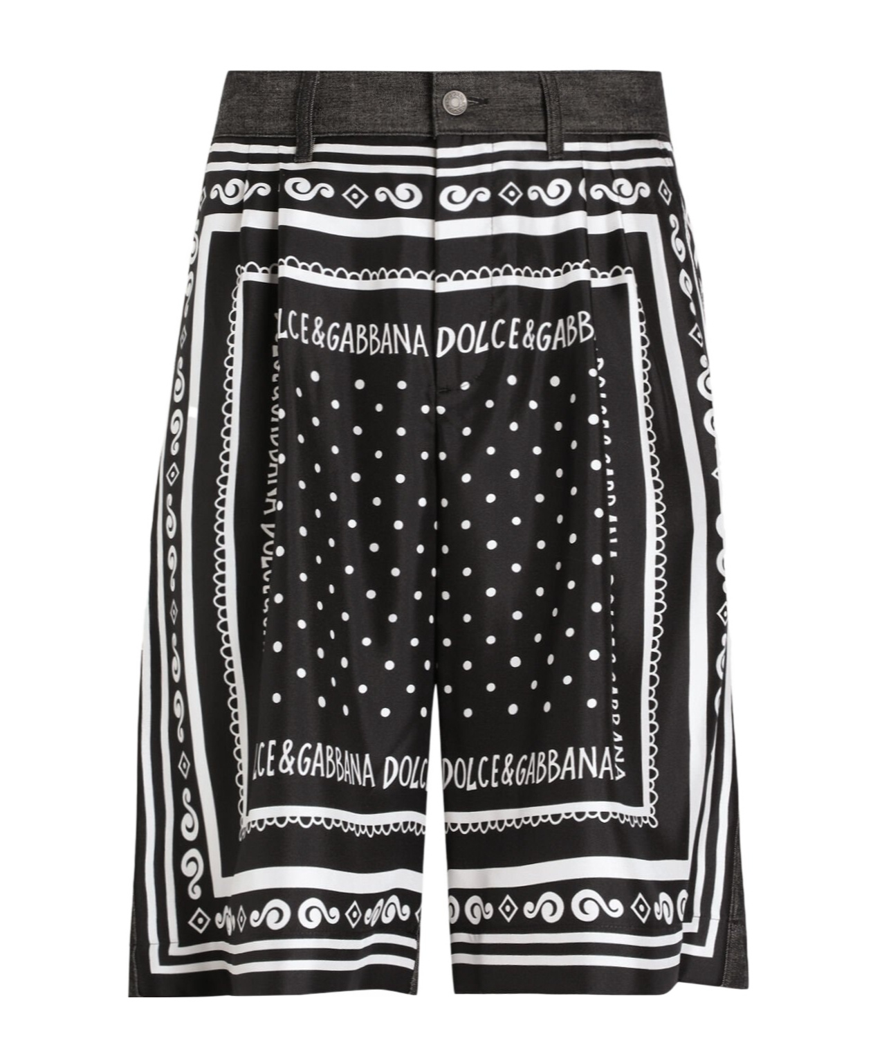 Dolce & Gabbana Printed Silk And Denim Shorts In Black