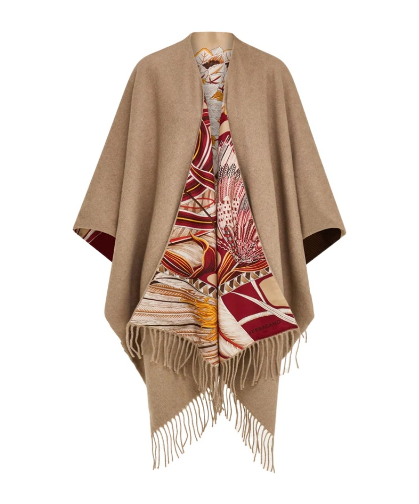 Ferragamo Cashmere And Giada Print Silk Reversible Cape In Brown