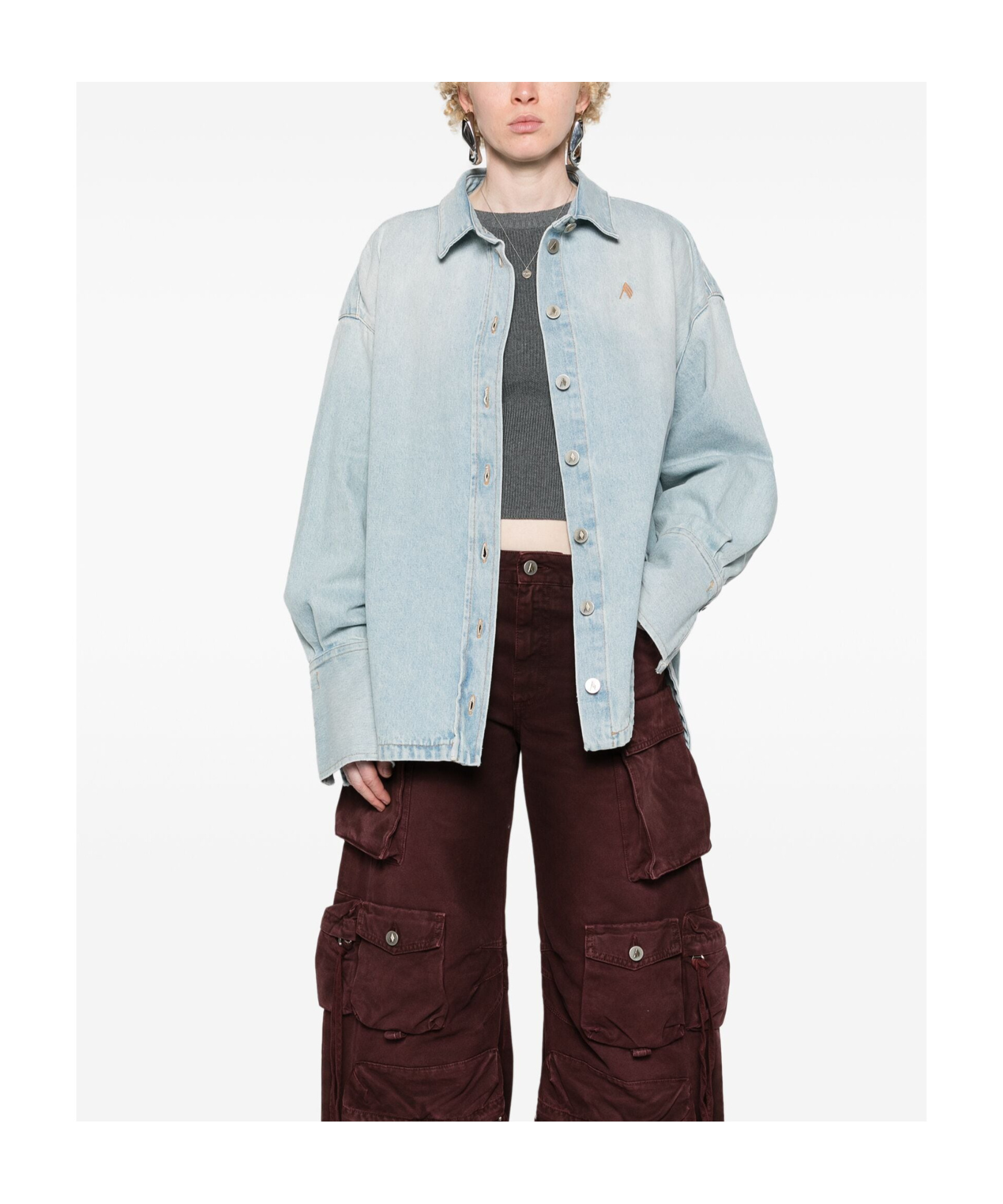 Attico Long-sleeved Denim Shirt With Shaped Slit In White