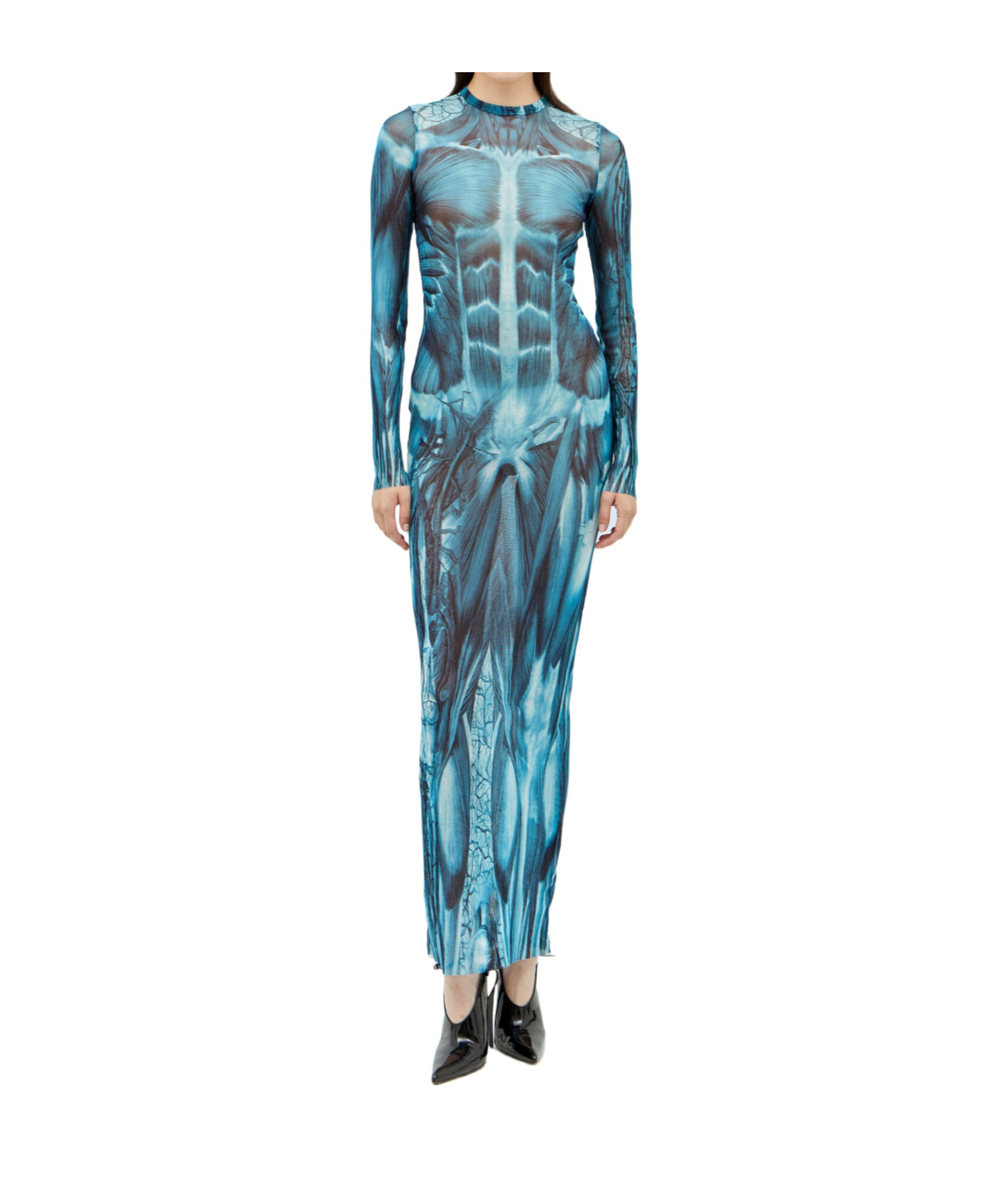 Jean Paul Gaultier Mesh Long Dress With Anatomical Print In Blue