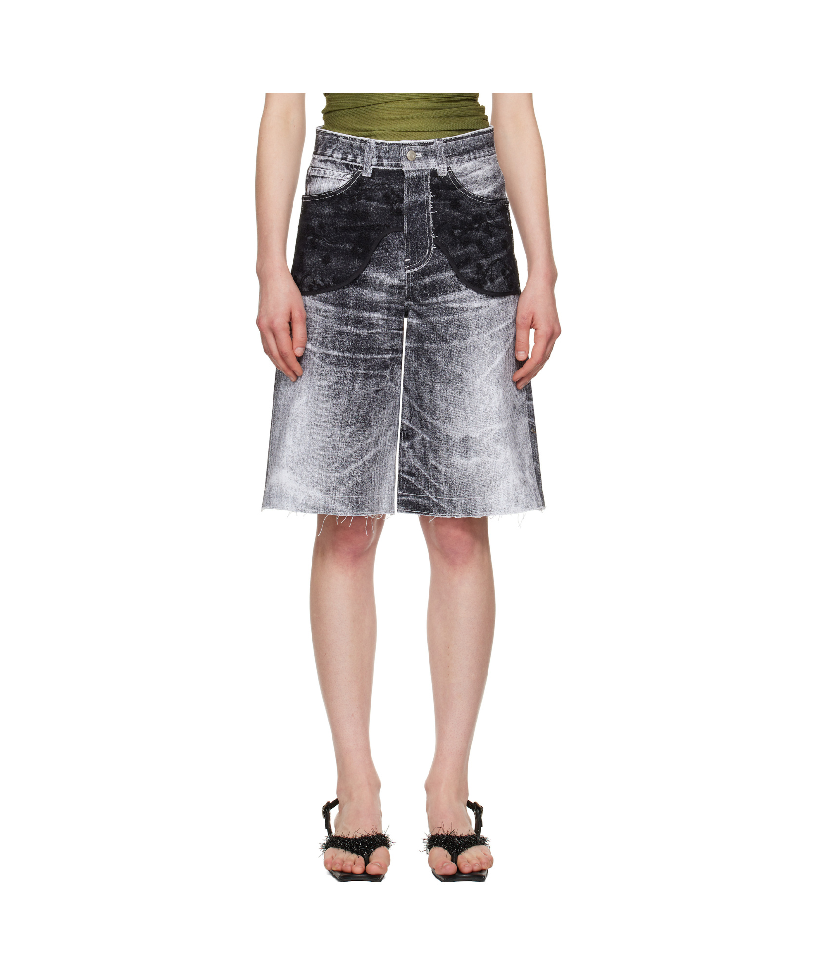 Andersson Bell Lace-panels Denim Shorts In Gray