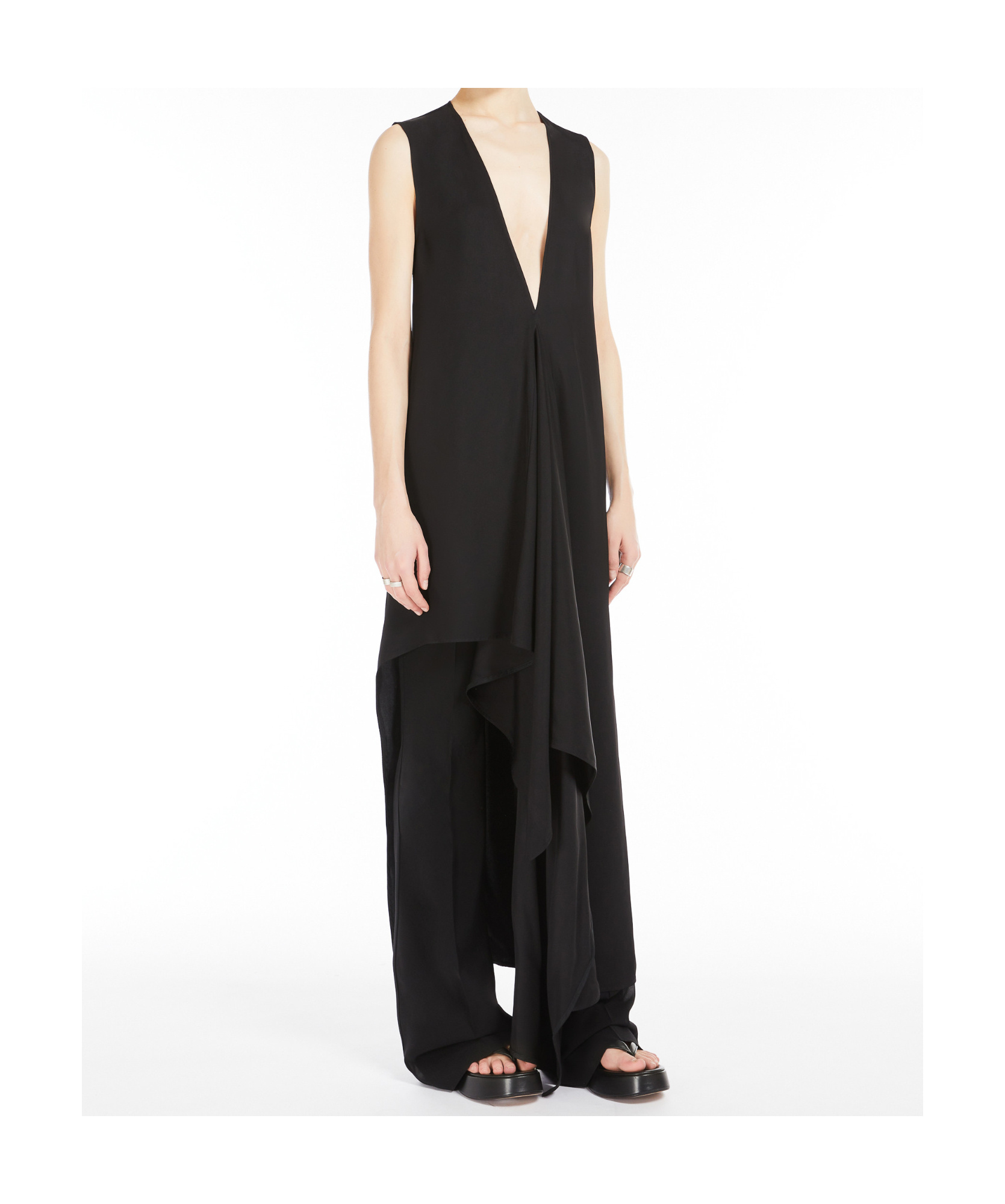 Sportmax Sport Max Long Asymmetrical Viscose Twill Dress In Black