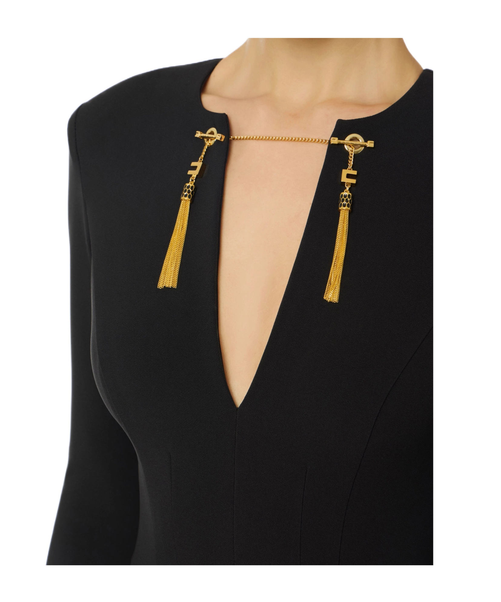 Elisabetta Franchi Shoulder Reinforced V-neckline Midi Dress With Split In Black
