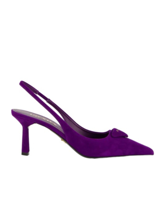Prada 75 Triangle Logo Slingback Suede Pumps In Purple