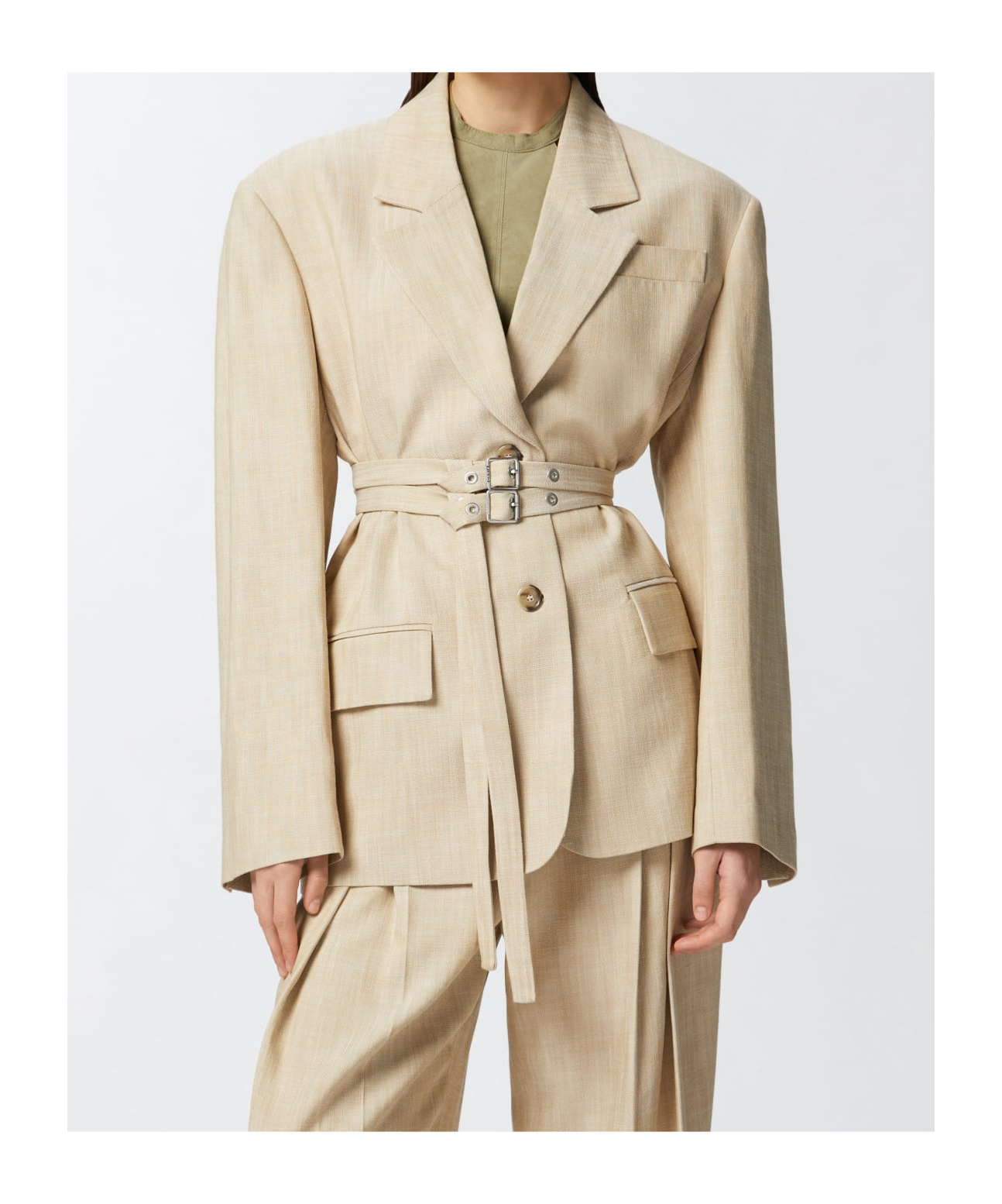 Pinko Belted Waist Blazer With Front Button Fastening In Nude